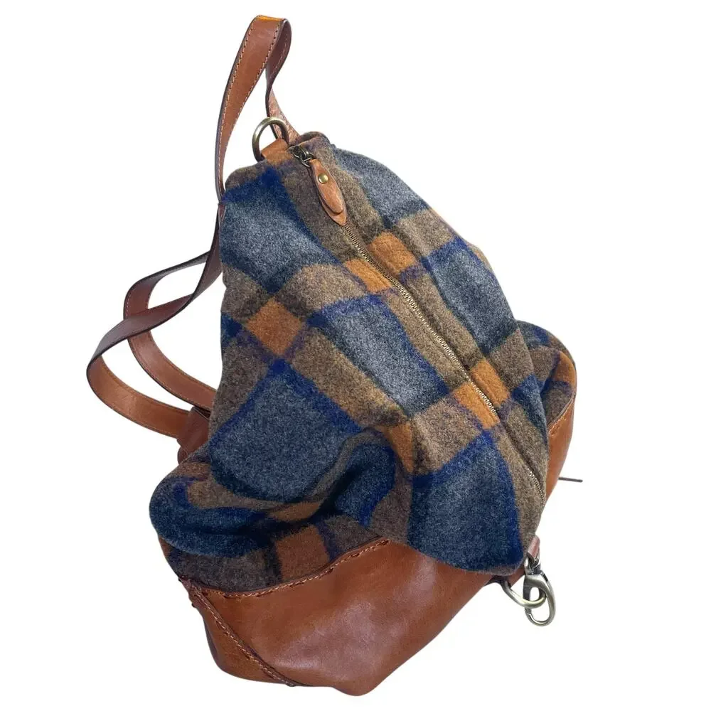 Sundance Made in Italy Genuine Leather Plaid Wool Backpack Purse